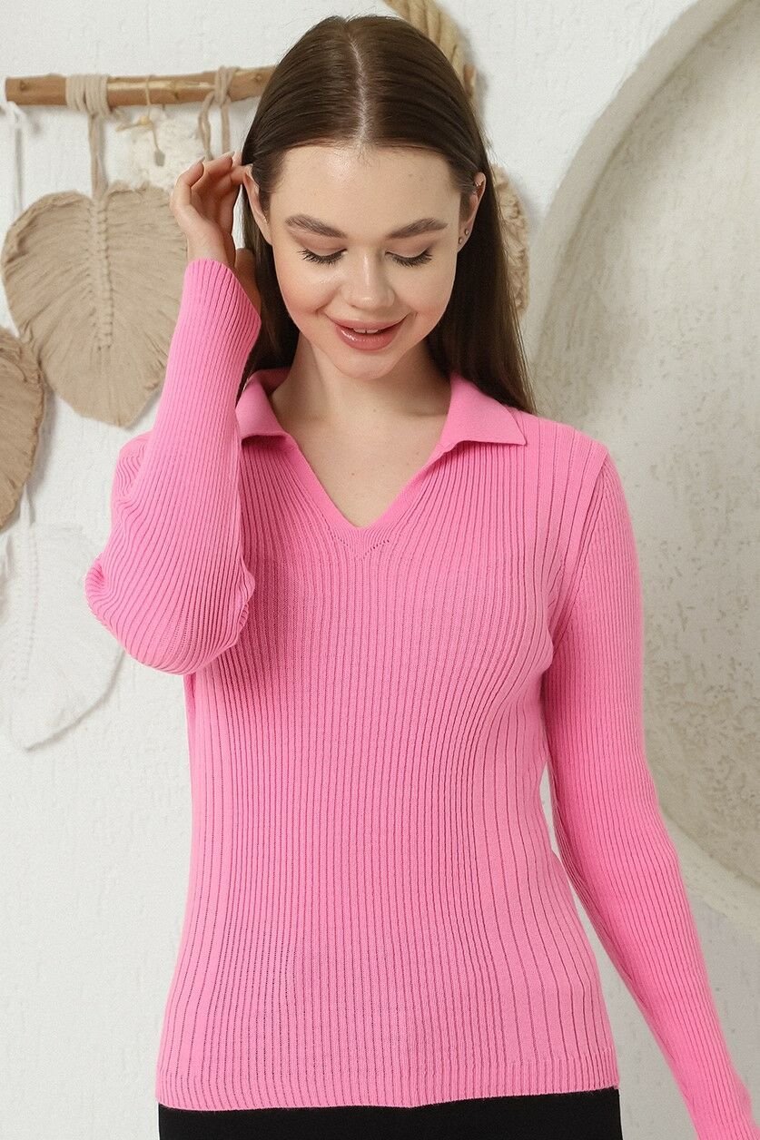 Kadın Pembe Polo V Yaka Triko Kazak