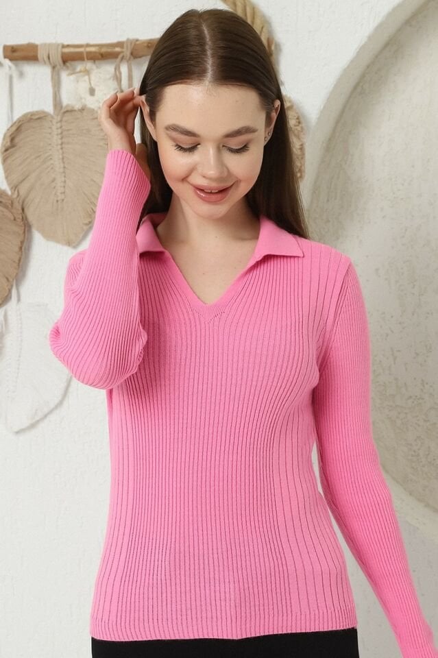 Kadın Pembe Polo V Yaka Triko Kazak
