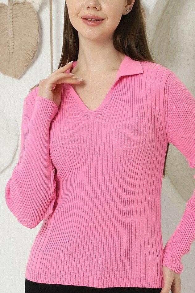 Kadın Pembe Polo V Yaka Triko Kazak