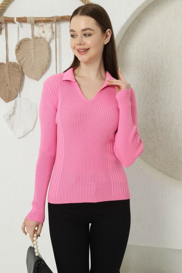Kadın Pembe Polo V Yaka Triko Kazak