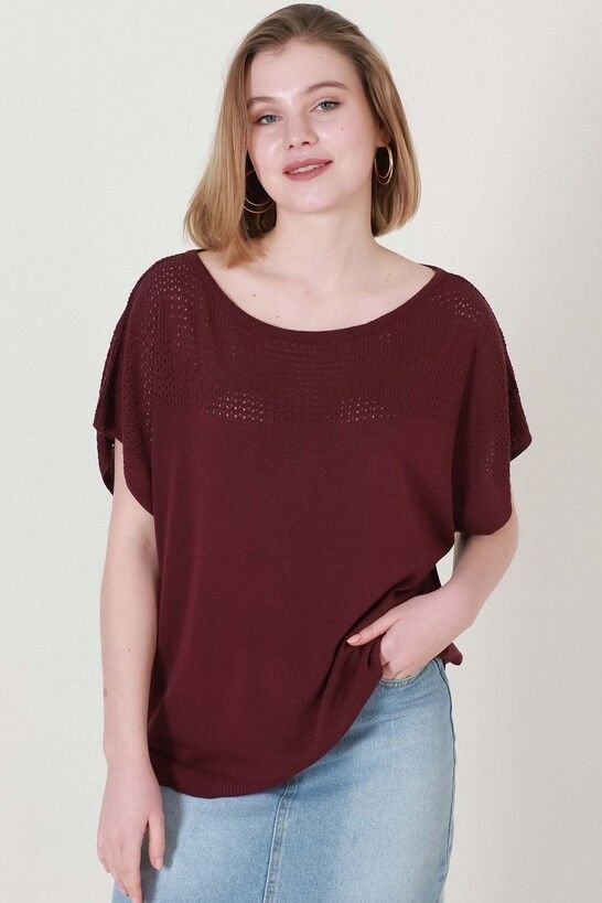 Kadın Bordo Göğüs Ajurlu Yazlık İnce Triko Bluz