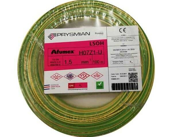 PRYSMİAN 1,5mm Sarı Yeşil NYA Kablo 100 Metre