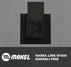 MAKEL Karea Line Kapaklı Priz Siyah Çerçeve Dahil