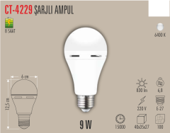 CATA 9W Şarjlı Led Ampul Beyaz Işık E27 Duy CT-4229