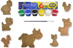 STEM Hayvanlar Alemi Ahşap Boyama Seti - 6'lı Akrilik Boya ve Fırça Hediyeli