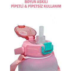 Vagonlife VGN2275-T Pembe 1100ML Çocuk Pipetli/pipetsiz Kullanım Su Matarası -Askılı- -Çıkartma Hediyeli