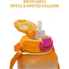 Vagonlife VGN2275-T Turuncu 1100ML Çocuk Pipetli/pipetsiz Kullanım Su Matarası -Askılı- -Çıkartma Hediyeli