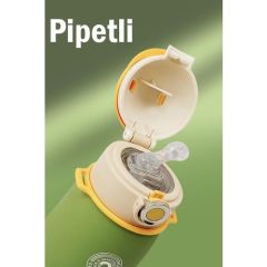 Vagonlife Cocosmile 500ML Yeni Koleksiyon Çizgi Desenli Pipetli Askılı Çelik Termos Çocuk Matarası Sarı SM-CS-0003