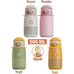 Vagonlife Cocosmile 500ML Yeni Koleksiyon Çizgi Desenli Pipetli Askılı Çelik Termos Çocuk Matarası Sarı SM-CS-0003