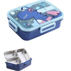 Vagonlife Bento 750ml Lunchbox Sevimli Dostlar Tek Katlı 3 Bölmeli Paslanmaz Çelik Sefer Tası Yemek Kutusu (Mavi Dinozor)
