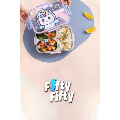 Vagonlife Bento 750ml Lunchbox Sevimli Dostlar Tek Katlı 3 Bölmeli Paslanmaz Çelik Sefer Tası Yemek Kutusu (Mavi Dinozor)