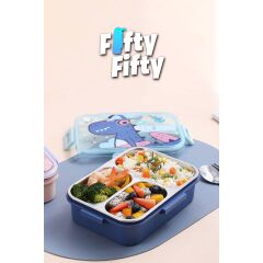 Vagonlife Bento 750ml Lunchbox Sevimli Dostlar Tek Katlı 3 Bölmeli Paslanmaz Çelik Sefer Tası Yemek Kutusu (Mavi Dinozor)
