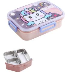 Vagonlife Bento 750ml Lunchbox Sevimli Dostlar Tek Katlı 3 Bölmeli Paslanmaz Çelik Sefer Tası Yemek Kutusu (Pembe Unicorn