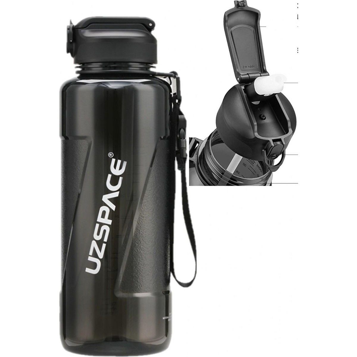 Uzspace 1,5 Litre (1500 Ml) Siyah Büyük Boy Spor ve Günlük Matara / Suluk - Silion Pipet Ağızlık