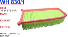 WUNDER WH830/1 HAVA FİLTRESİ - RENAULT CLİO IV 1,5 DCİ SARI KAGIT