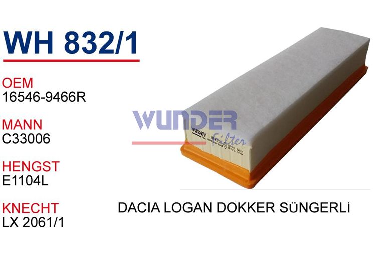 WUNDER WH832/1 HAVA FİLTRESİ - DACİA LOGAN-DOKKER 1,4 - 1,6