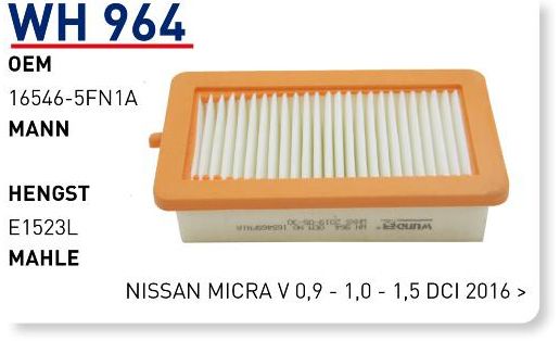 WUNDER WH964 HAVA FİLTRESİ - NİSSAN MİCRA V 0,9 - 1,0 - 1,5 DCİ 2