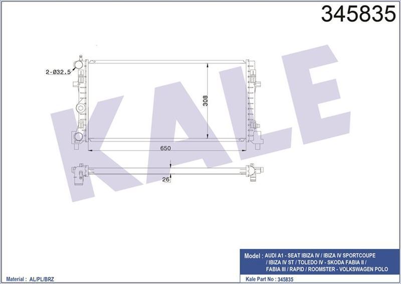 Kale 345835 Su Radyatörü Polo V 2009 Sonrası 1.0 12V 1.0 Tsı 1.2 12V 1.2 T