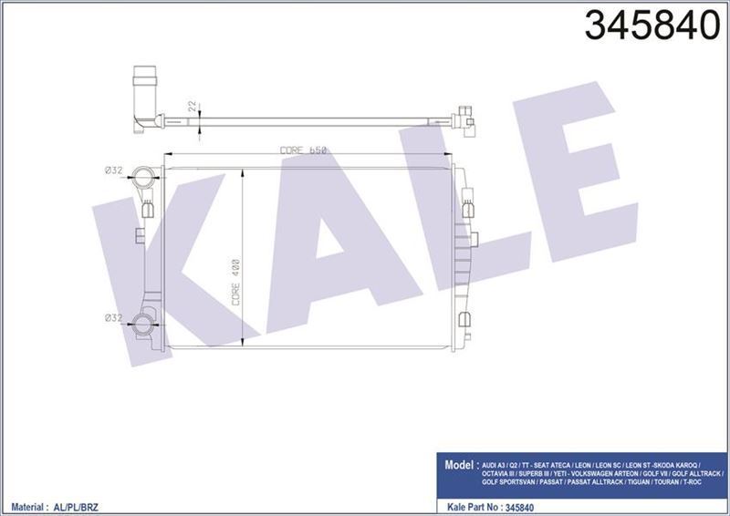 Kale 345840 Su Radyatörü Passat B8  2014 Sonrası 1.4 Tsı 1.6 Tdı 2.0 Tdı Tı