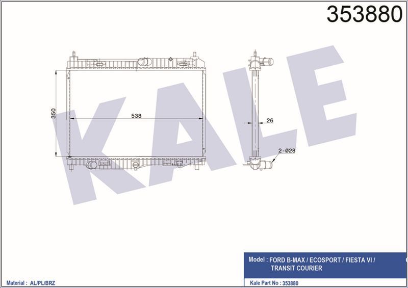Kale 353880 Su Radyatörü Ford: Fıesta/B-Max/Courıer 100Ps-140Ps 1
