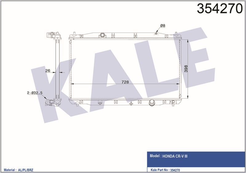 Kale 354270 Su Radyatörü (400×730×26) Honda Cr-V Iıı 2.2 Y-Cdty 4