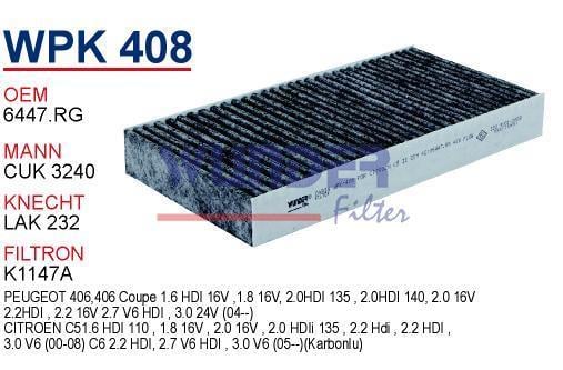 WUNDER WPK408 POLEN FİLTRESİ - PEUGEOT 407 (KARBONLU)