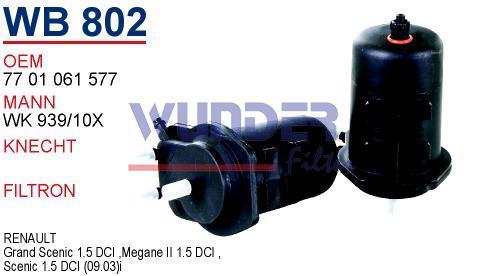 WUNDER WB802 MAZOT FİLTRESİ - RENAULT MEGANE II - SCENiC II 1.5 D