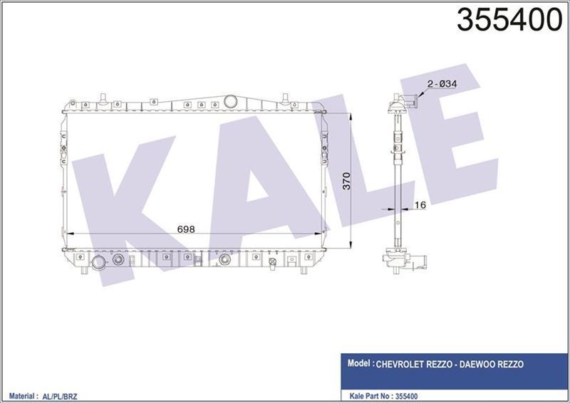 Kale 355400 Su Radyatörü Tacuma 2000 Sonrası 1.6 16V 2.0 16V At 370X698X16