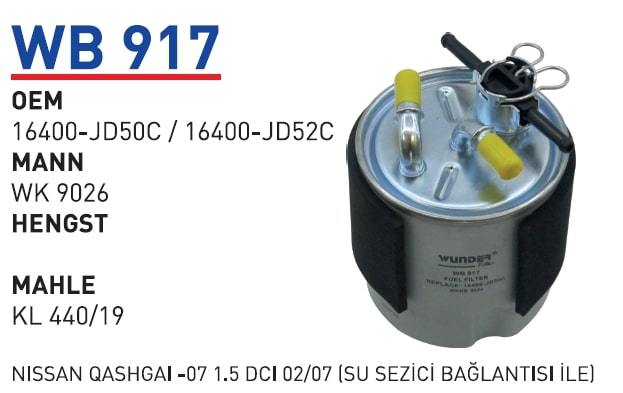 WUNDER WB917 MAZOT FİLTRESİ - NiSSAN QASHGAİ -07 1.5 DCİ 02/07 SU