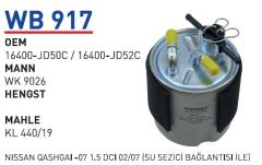 WUNDER WB917 MAZOT FİLTRESİ - NiSSAN QASHGAİ -07 1.5 DCİ 02/07 SU