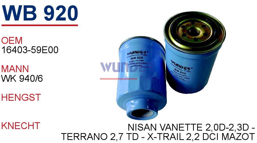 WUNDER WB920 MAZOT FİLTRESİ - NİSSAN VANETTE 2,0D-2,3D - TERRANO