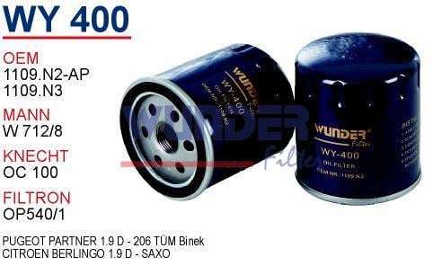WUNDER WY400 YAĞ FİLTRESİ - PEUGEOT PARTNER 1.9 D - 206