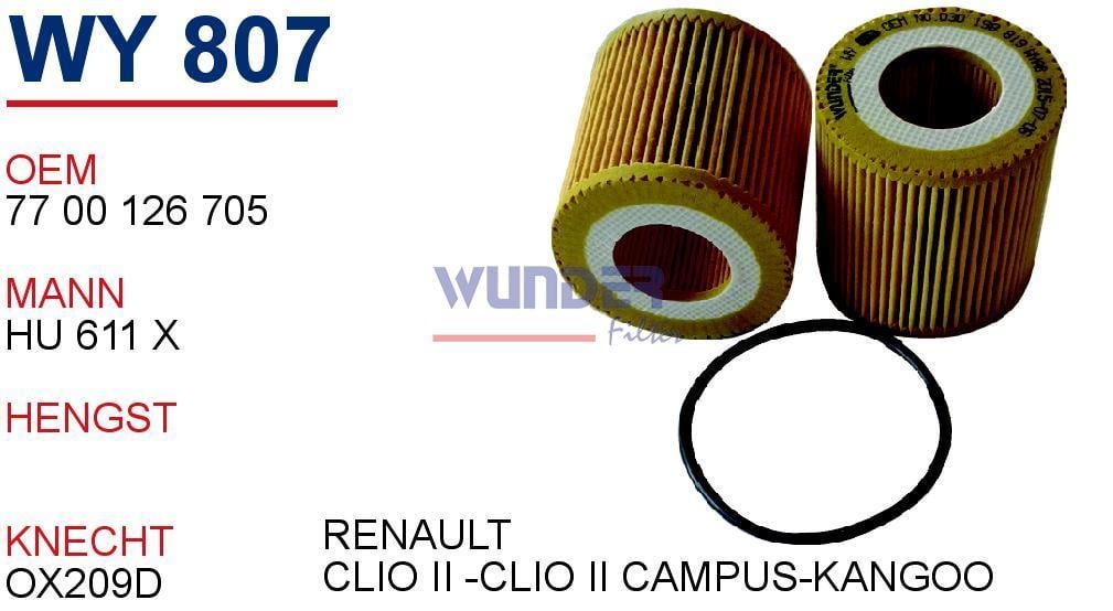 WUNDER WY807 YAĞ FİLTCLİO II -CLIO II CAMPUS-KANGOORESİ -