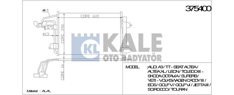 Kale 375400 Klima Radyatörü Golf Vı 2008 Sonrası Golf V 2004 Sonrası Eos 2006 Sonrası Jetta