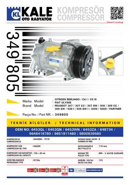 Kale 349805 Klima Kompresörü P307-P607-P807-Partner-Berlıngo-C8-C