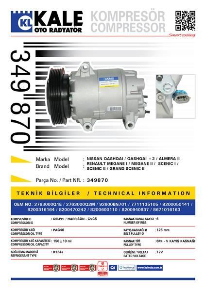 Kale 349870 Klima Kompresörü Mgn Iı-Scenıc Iı 1.4-1.6-1.5 Dcı 03=