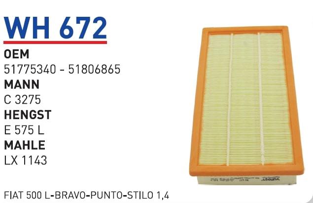 WUNDER WH672 HAVA FİLTRESİ - FİAT 500 L-BRAVO-PUNTO-STİLO 1,4