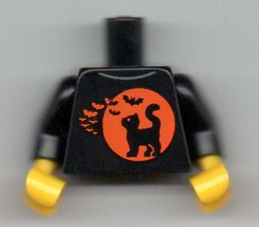 Torso Black Cat on Orange Moon Background and Bats Pattern