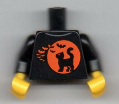 Torso Black Cat on Orange Moon Background and Bats Pattern