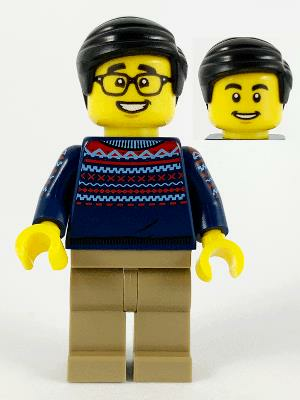 Lego Minifigür Man, Dark Blue Sweater, Dark Tan Legs, Black Hair, Glasses