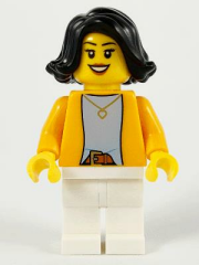 Lego Minifigür Woman, Bright Light Orange Jacket over Light Bluish Gray Shirt, White Legs, Black Mid-Length Hair