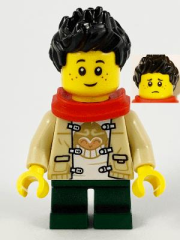Lego Minifigür Child Boy, Monkie Kid Shirt, Red Scarf, Dark Green Short Legs, Black Hair