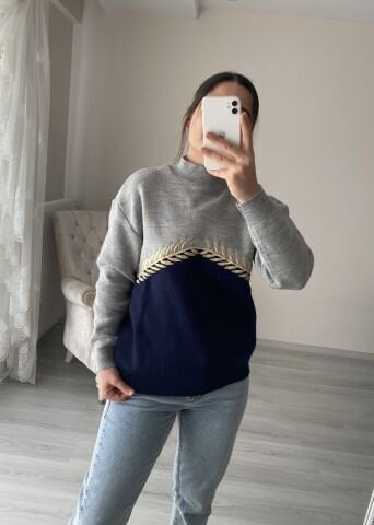 yaprak nakışlı kazak