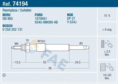 Ford Focus 1998-2013 Arası 1.8 Turbo DI / TDDi, 1.8 DI / TDDi, 1.8 TDCi FAE Marka Kızdırma Bujisi
