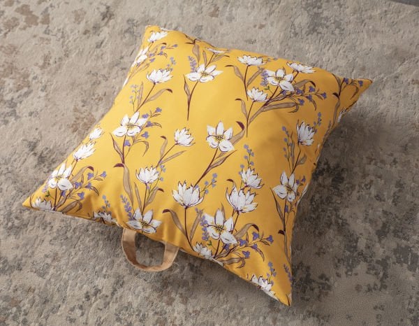 Dekomall Yellow Flowers Çok Amaçlı İç Dolgulu Puf, Yer Minderi, Bahçe Minderi, Balkon Minderi,Kare Minder