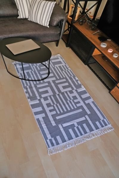 Çift Taraflı Yıkanabilir Gri Beyaz Geometrik  Desen Pamuk Dokuma Kilim 002