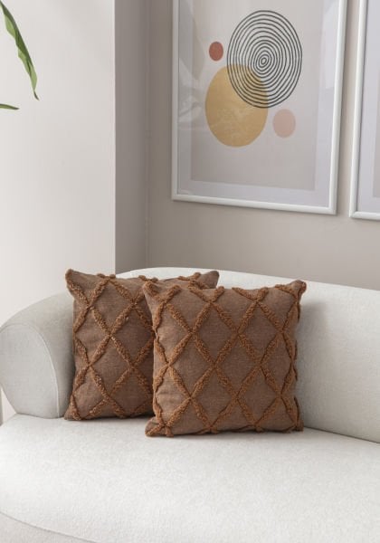 2'li Set Geometrik Desen Bohem Punch Dokuma Kırlent Kılıfı Kahverengi