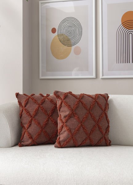 2'li Set Geometrik Desen Bohem Punch Dokuma Kırlent Kılıfı Kiremit