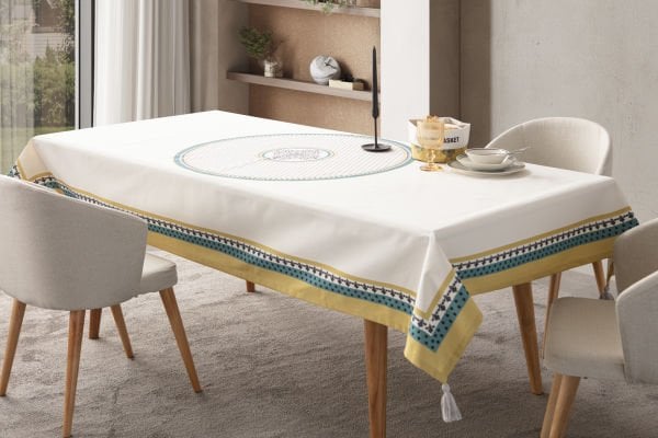 Püskül Detay Pamuk-Keten Masa Örtüsü 150x250 Cm Krem-Hardal