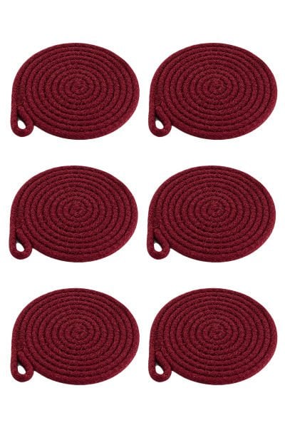 6'lı Pamuk Askı Halkalı Yuvarlak Bardak Altlığı – Bordo (13 cm)